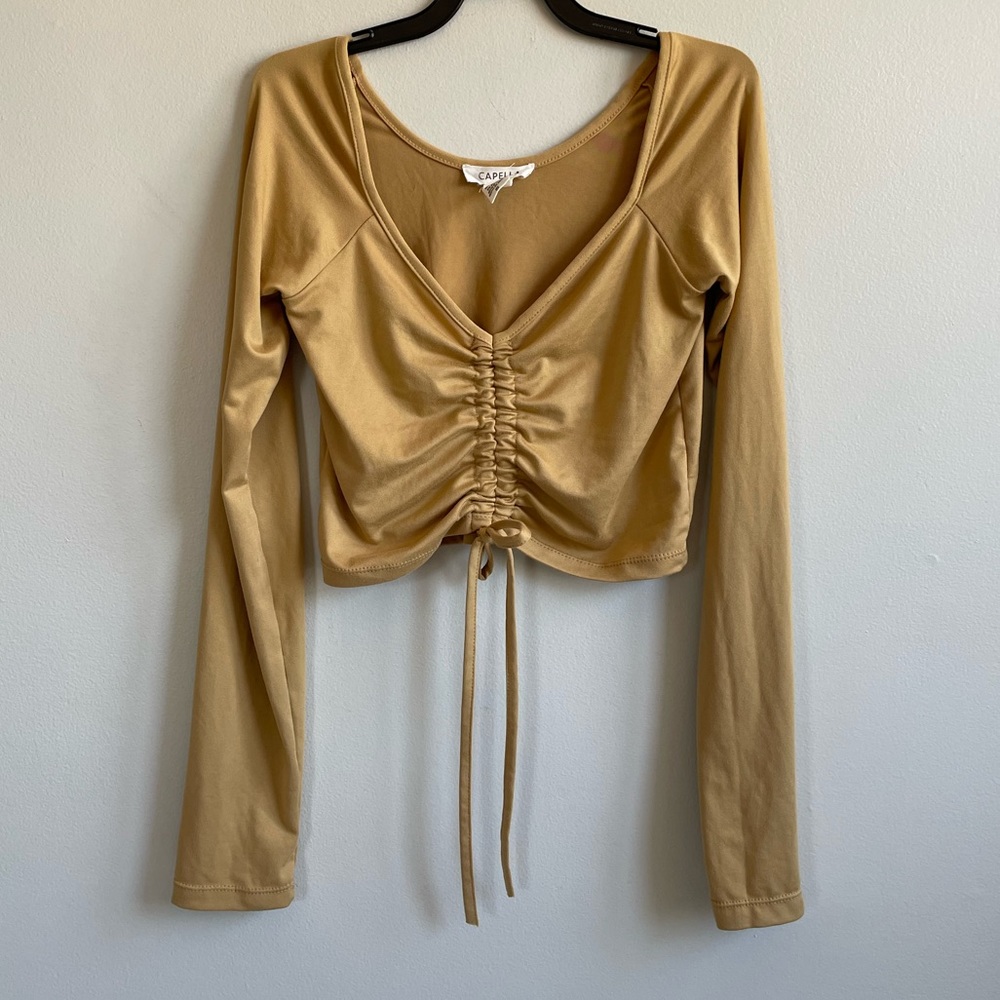 CAPELLA LONG SLEEVE ADJUSTABLE CROP TOP GOLD CAMEL NUDE TAN RUCHED STRETCH